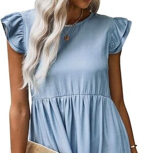 Queenie Visconti Women Butterfly Sleeve Smock Dress Denim Blue Large